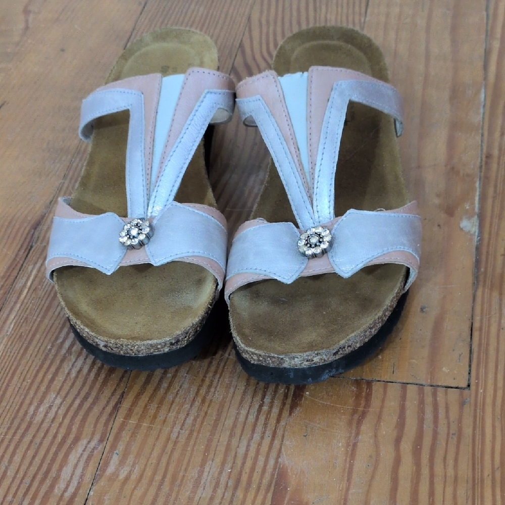 Naot Women's Pink & White T-Strap Cork Slide Sandals with Rhinestone Accent